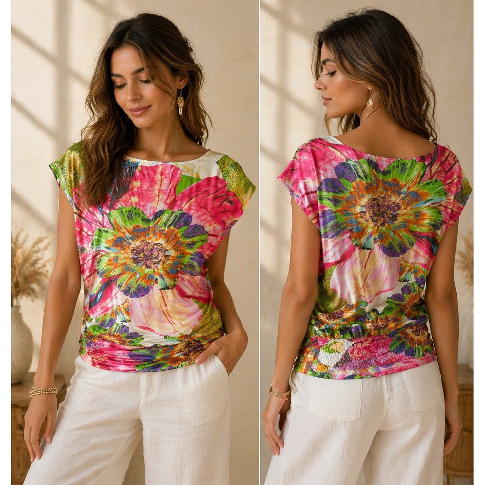 Expose Floral Blouse Women‎ M Ruched Waist Colorful Satin Maximalist Resort Boho